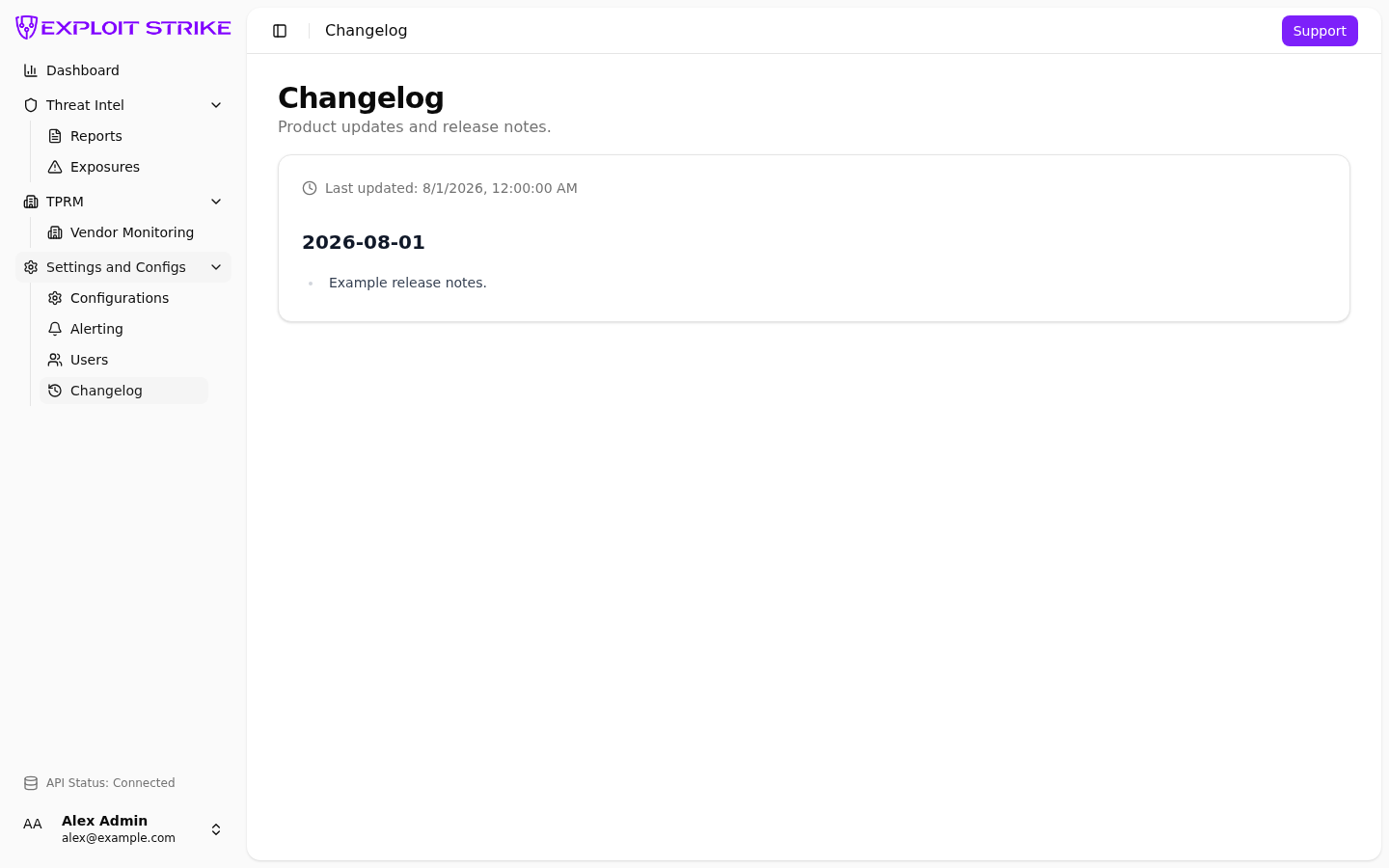 Changelog page with last-updated time and notes
